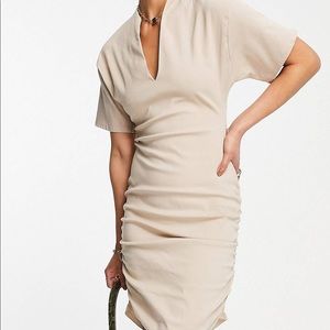 ASOS DESIGN plunge neckline with side ruching mini dress in stone